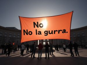 Greenpeace extiende en la Puerta del Sol una pancarta gigante con el lema "No a la guerra"