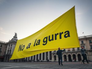Greenpeace despliega una pancarta gigante en la Puerta del Sol con el lema "No a la guerra"