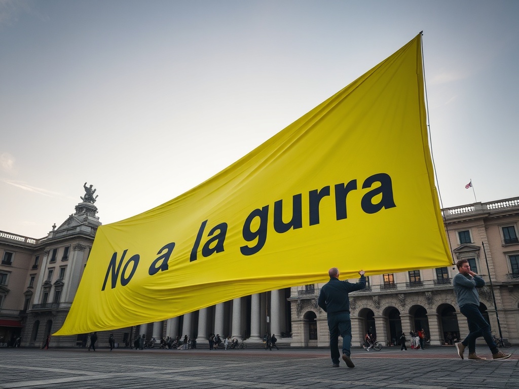 Greenpeace despliega una pancarta gigante en la Puerta del Sol con el lema "No a la guerra"