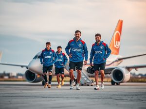 Los jugadores del Olympique de Lyon llegan a Peinador