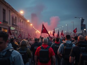 La afición del Olympique de Lyon, escoltada por la policía, pone rumbo a Balaídos