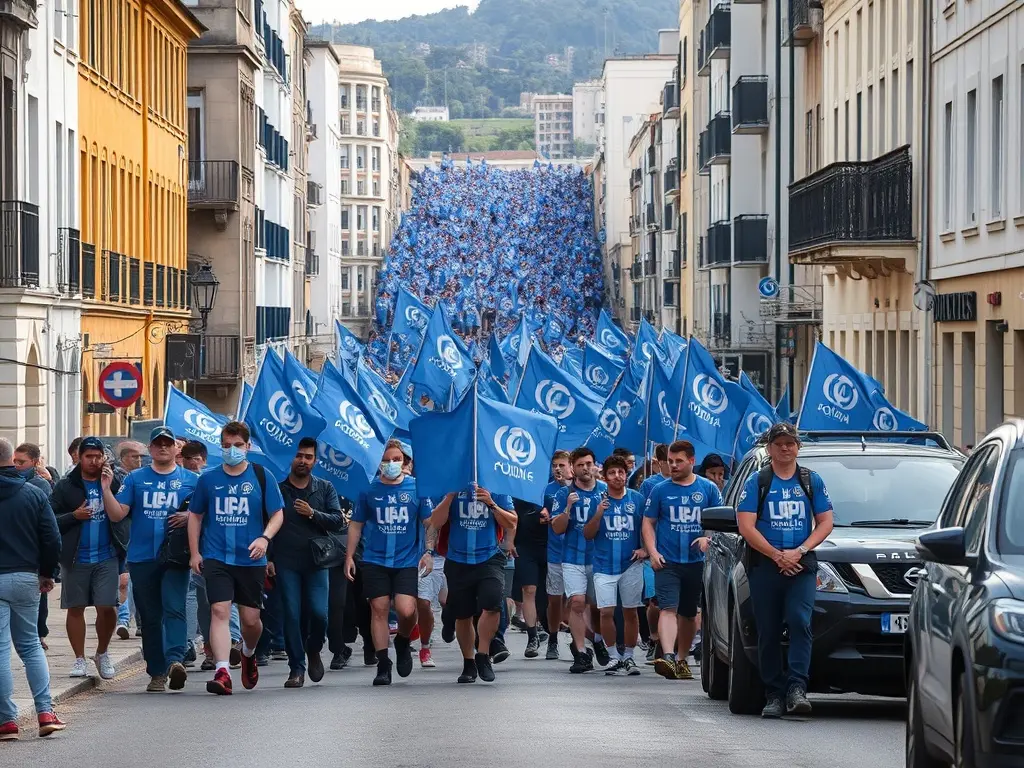 A afección do Olympique de Lyon percorre as rúas de Vigo camiño a Balaídos
