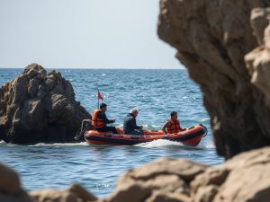Rescatan a los tres tripulantes de una embarcación encallada en unas rocas en Vilanova