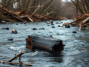 Madera carbonizada arrastrada por el Sil tras los incendios en Sober y Pantón