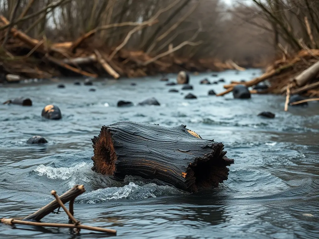 Madera carbonizada arrastrada por el Sil tras los incendios en Sober y Pantón