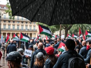 Protesta bajo la lluvia en defensa de la paz en Oriente Medio