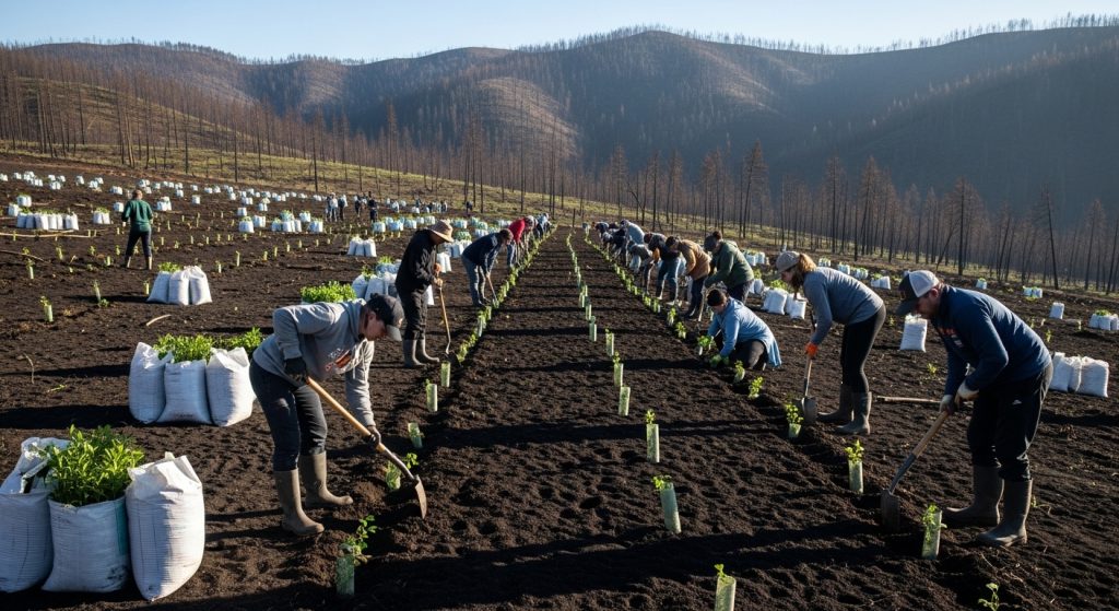 O voluntariado de ABANCA e Afundación planta 700 árbores en Quiroga para recuperar terreo arrasado polo incendio de 2025