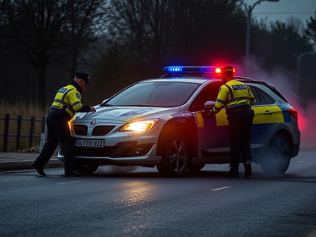 Dous policías locais saen ilesos tras caer co seu coche por un desnivel nunha persecución en Pontevedra