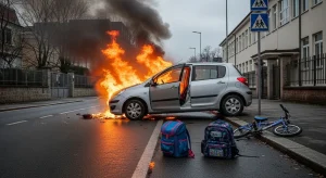 Arde un coche que levaba a dous menores ao colexio en Poio