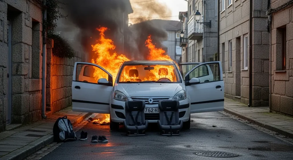 Dois irmáns e os seus dous fillos pequenos abandonan un coche antes de que quede consumido polas chamas en Poio