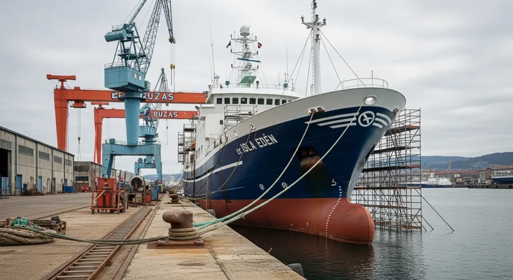 Vigo recibe ao pesqueiro chileno Isla Edén tras máis de 6.500 millas para unha reforma integral en Bouzas