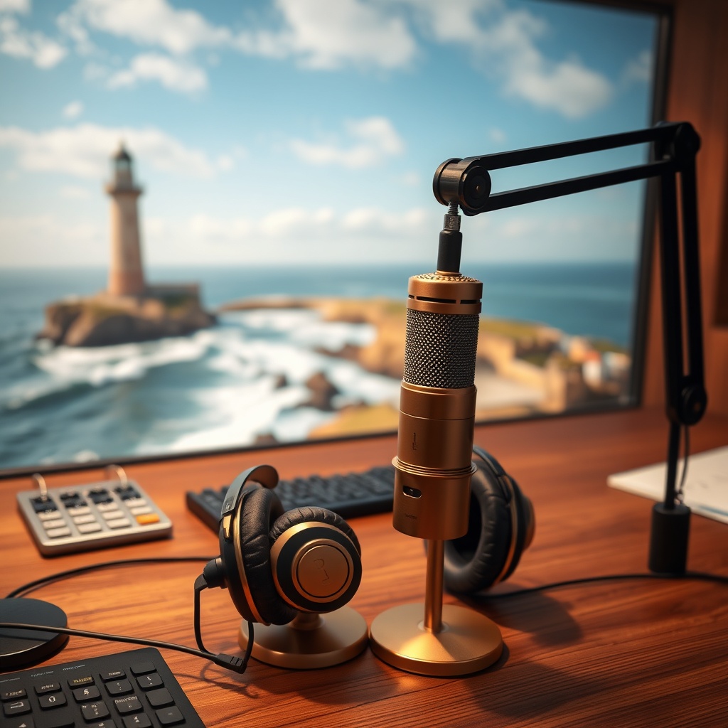 Estudio de podcast con micrófono profesional y costa gallega de fondo