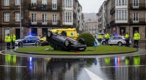 Un ferido leve tras envorcar o seu coche na terceira rolda da Coruña