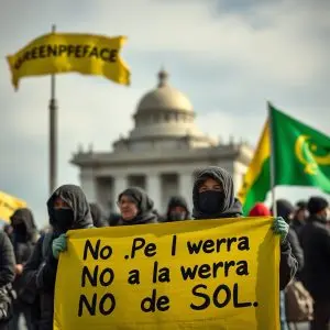 Greenpeace despliega cartel No a la guerra en Puerta del Sol