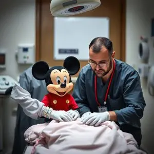 Mickey y José Alfaro en pediatría del Hospital de Albacete