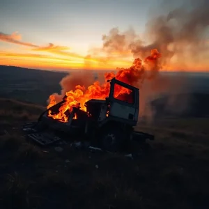 Un camión cargado de leche arde en Taboada tras caer por un terraplén